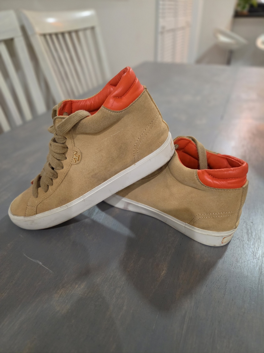 Tory Burch With Kogo Tan Suede High-Top Sneakers with Orange Padded Collar